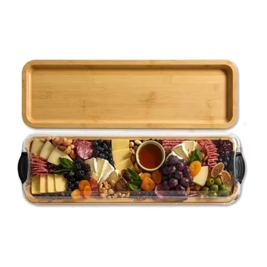 Bamboo Rectangular Cutting Board Tray with Clear Locking Lid Single Compartment Cheese Fruit Nuts Meats Picnics Parties Food Tray