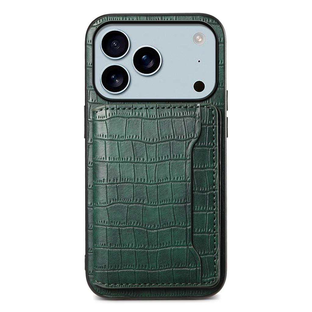 For iPhone 17 Pro Max Case Card Holder Kickstand Crocodile Texture Leather Back Phone Cover