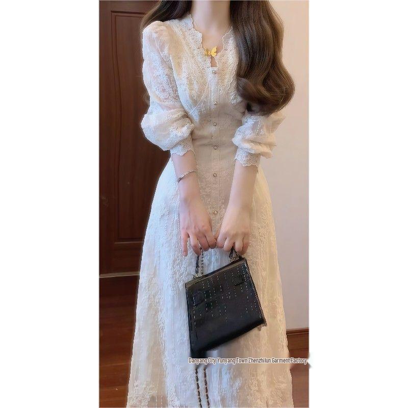 2025 Autumn French Sweet Style White Lace Long Sleeve Dress with Tie Waist