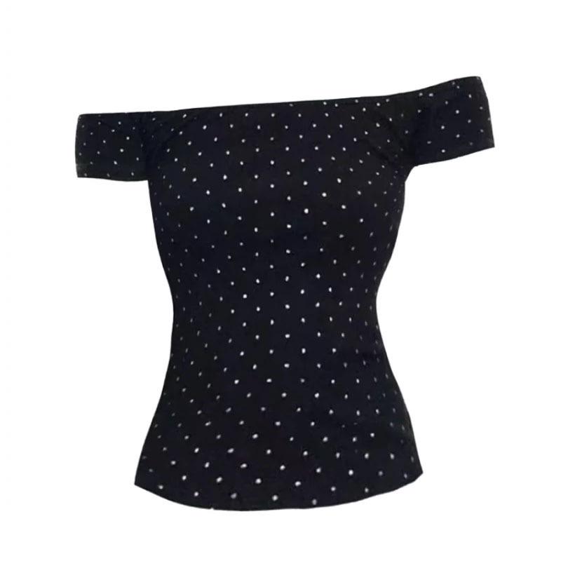 Women s Retro Polka Dot Off-Shoulder Slim-Fit T-Shirt: One-Shoulder, Short-Sleeved, Versatile Summer Top. XL чёрный