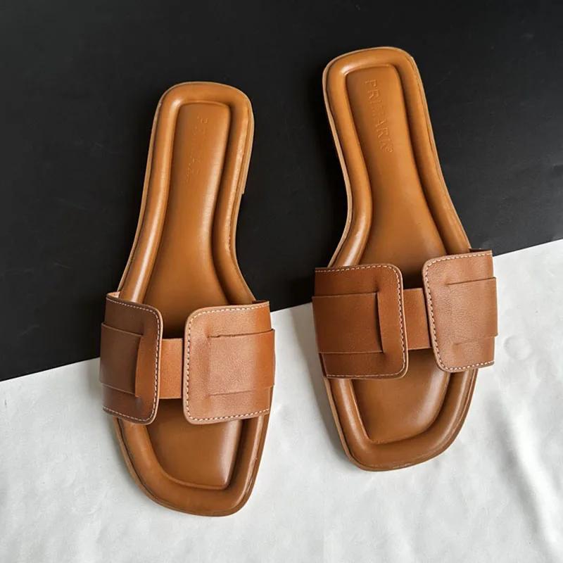 

2025 Women Modern Slippers Luxury Leather Slippers Females Sandals Casual Slides Shoes Summer Outdoors Comfortable Flat Slippers 37 шоколадний