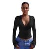 V-Neck Splicing Lace Floral Sexy Hotties Long Sleeve Slimming T-Shirt Versatile Closet Essential Fashion Items Shirt