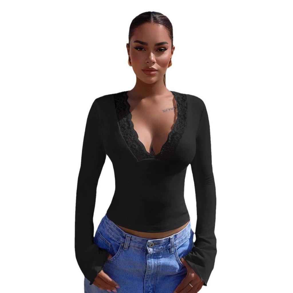 V-Neck Splicing Lace Floral Sexy Hotties Long Sleeve Slimming T-Shirt Versatile Closet Essential Fashion Items Shirt