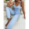 2 Pcs/Set Pants Top Suit Low-cut V Neck Sleeveless Solid Color Shirring Drawstring High Elastic Waist Lace Women Summer Pajamas Set Homewear CLE
