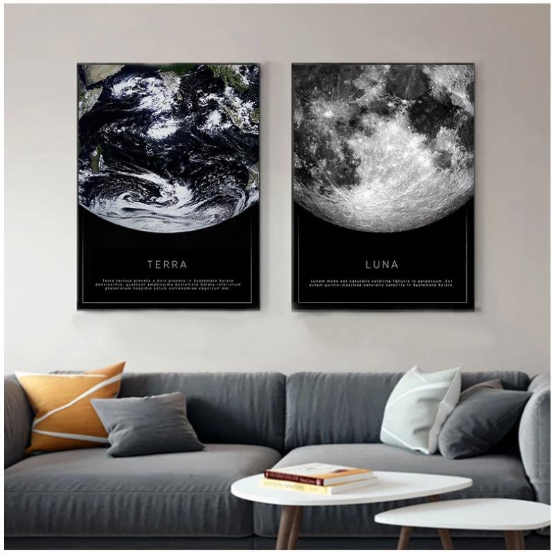 Canvas Painting Black and white poster of the moon Earth seen from space living room decoration wall Scandinavian painting