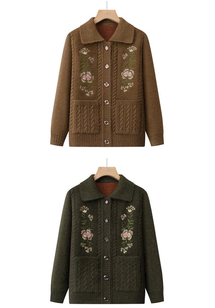 Dicker Strick-Cardigan für ältere Frauen: Oma-Stil, Pullover mit Kragen für Herbst und Winter.