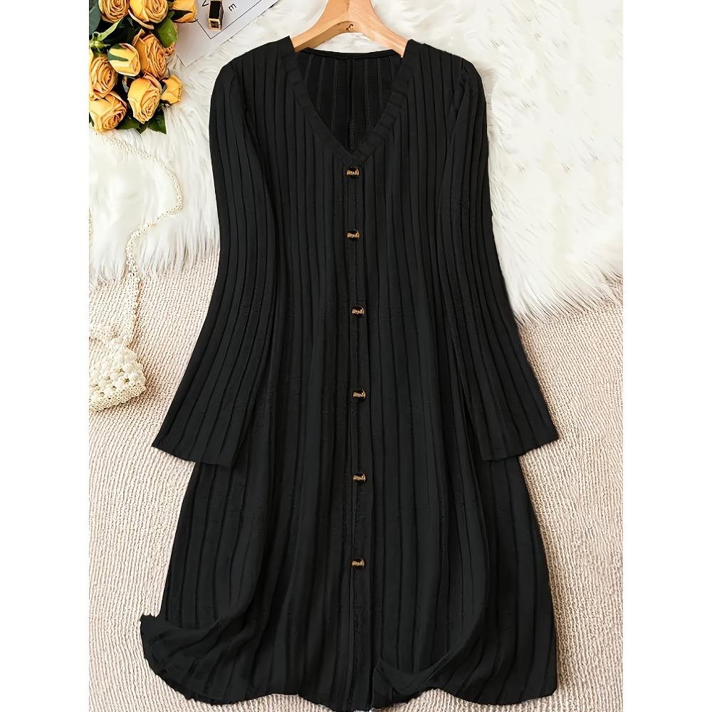 Women s V Neck Long Sleeve Midi Dress Loose Fit Mid Rise Elegant Solid Ribbed Knit Casual Dress S чёрный