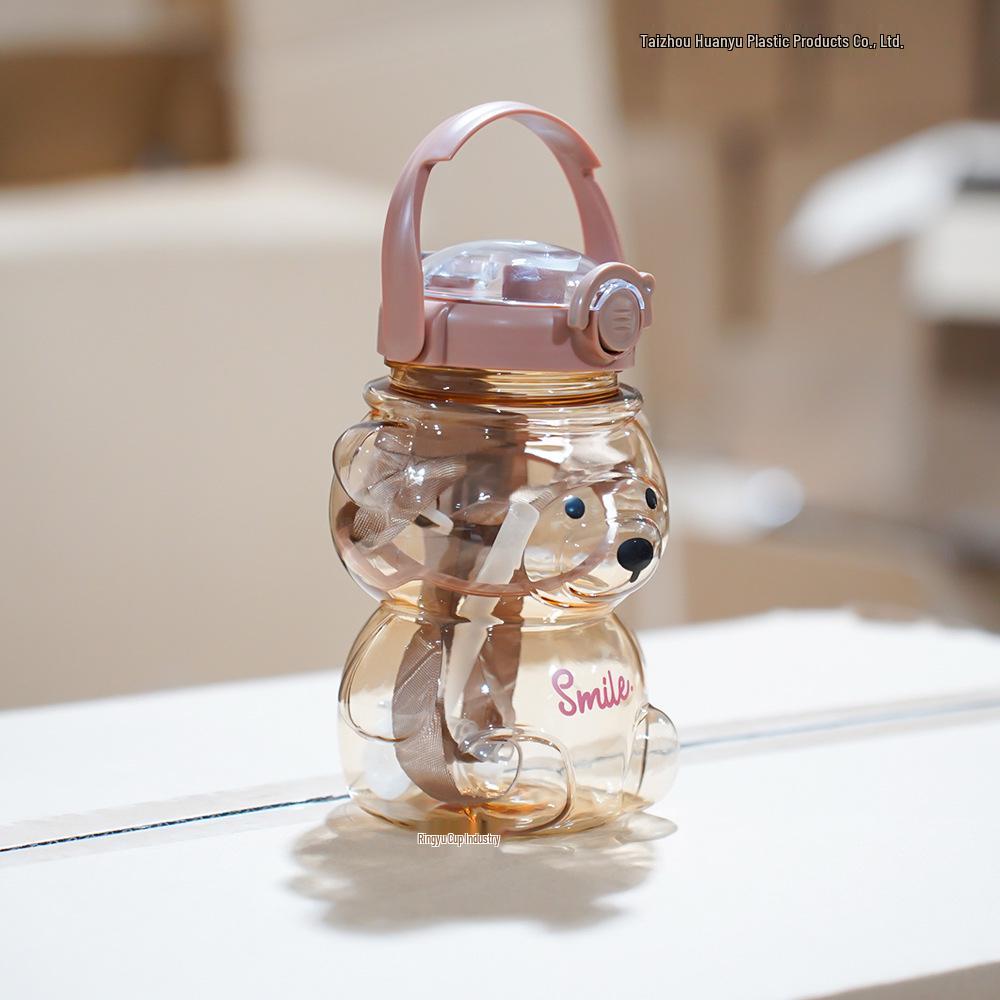 

1 л Милая мультяшная бутылка для воды с соломинкой и портативным ремешком - Матовый студенческий дизайн 1000ml чистый/коричневый