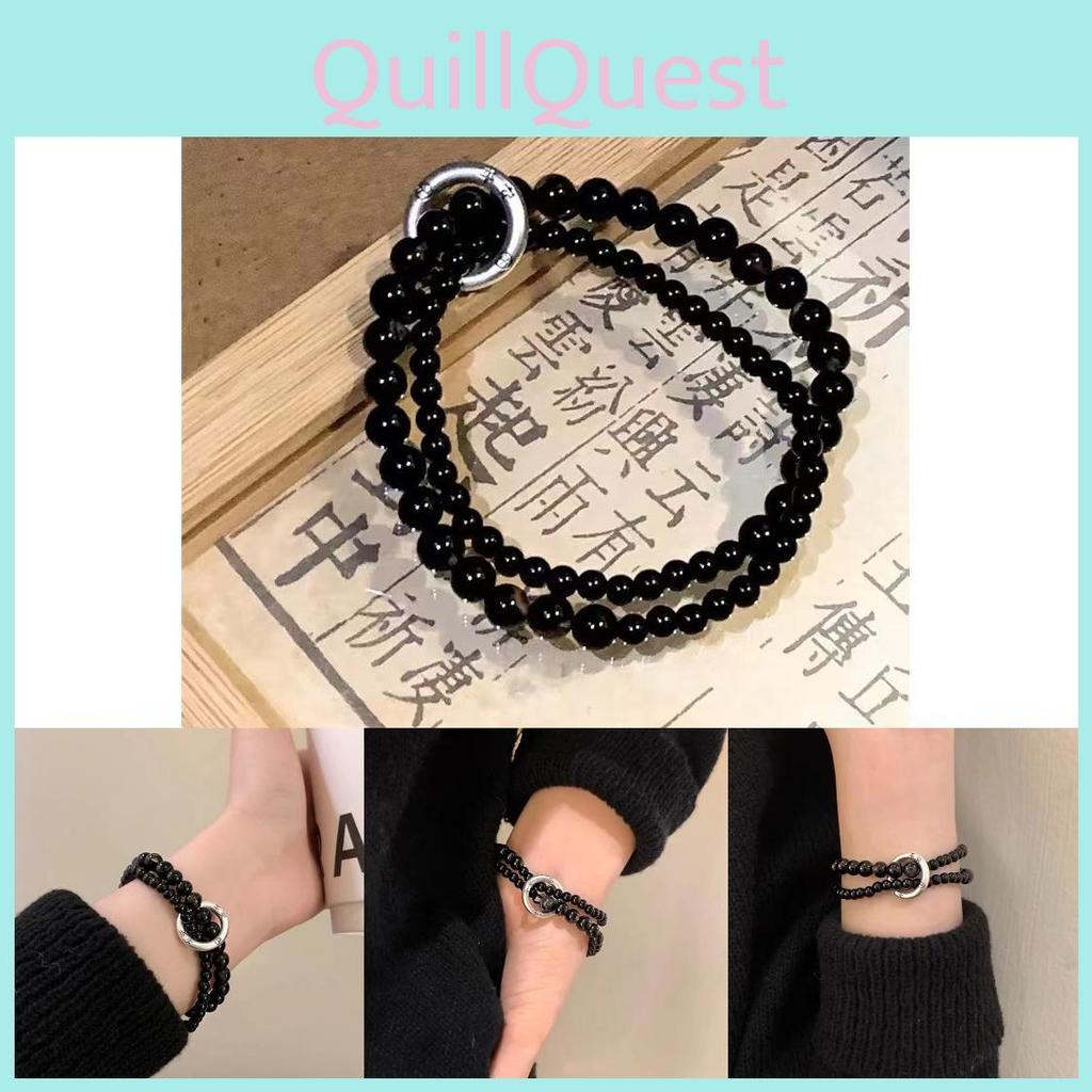Unisex Black Elegant Beaded Double Circle Bracelet Trendy Retro Jewelry Artistic