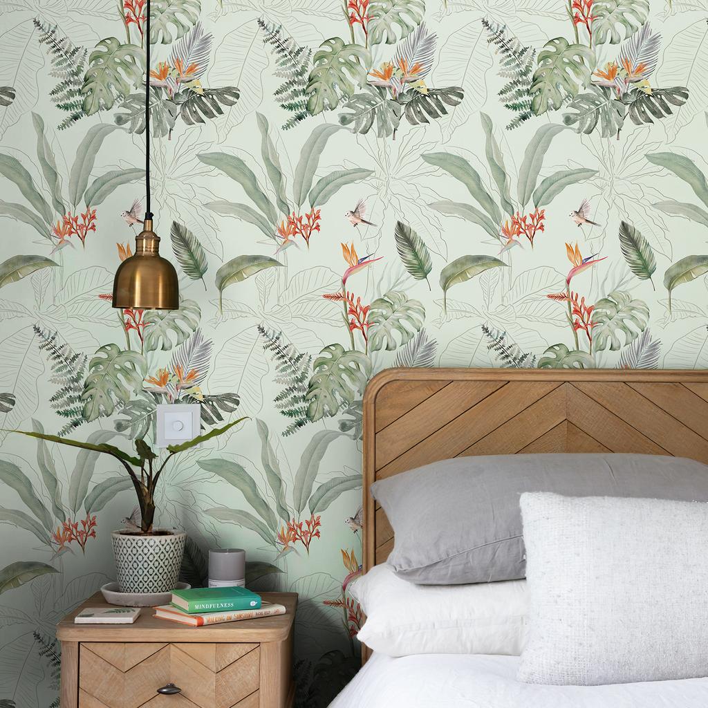 Light Green Botanical Birds Wallpaper Peel and Stick Waterproof Fresh Decor for Living Room Chic Leaves Bathroom Wallpaper