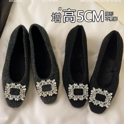 Flat Bottom Inner Height Increase 5cm Shallow Mouth Single Shoes 2025 Autumn and Winter New Rhinestone Temperament Versatile Korean Square Head Mao