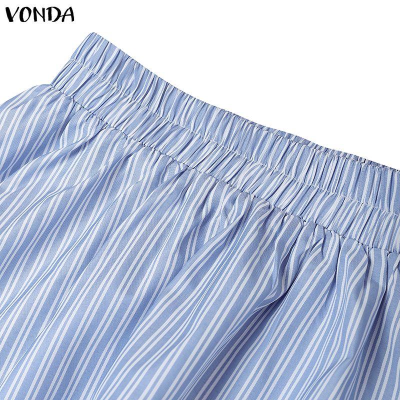 VONDA Two Piece Suit Women Short Sleeve Lapel Neck Tops and Pleated Mini Skirts Sets