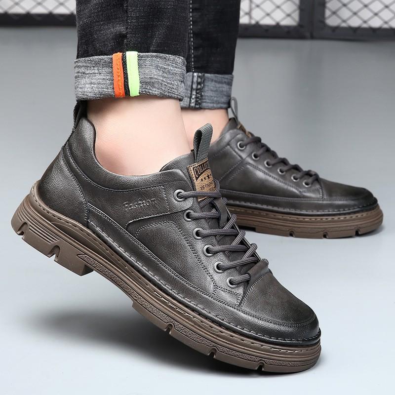Mens Casual Leather Shoes 2026 Trendy British Style Round Toe Low Cut Soft Sole