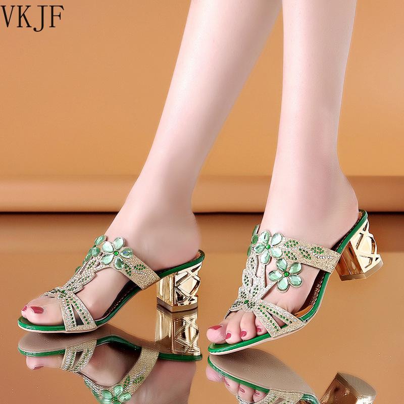 Fashion 2025 New Hot Glitter Mesh Women Sandals Summer Fashion Outdoor Peep Toe Casual Beach Slippers Thick Heel Slip On Women Sandals