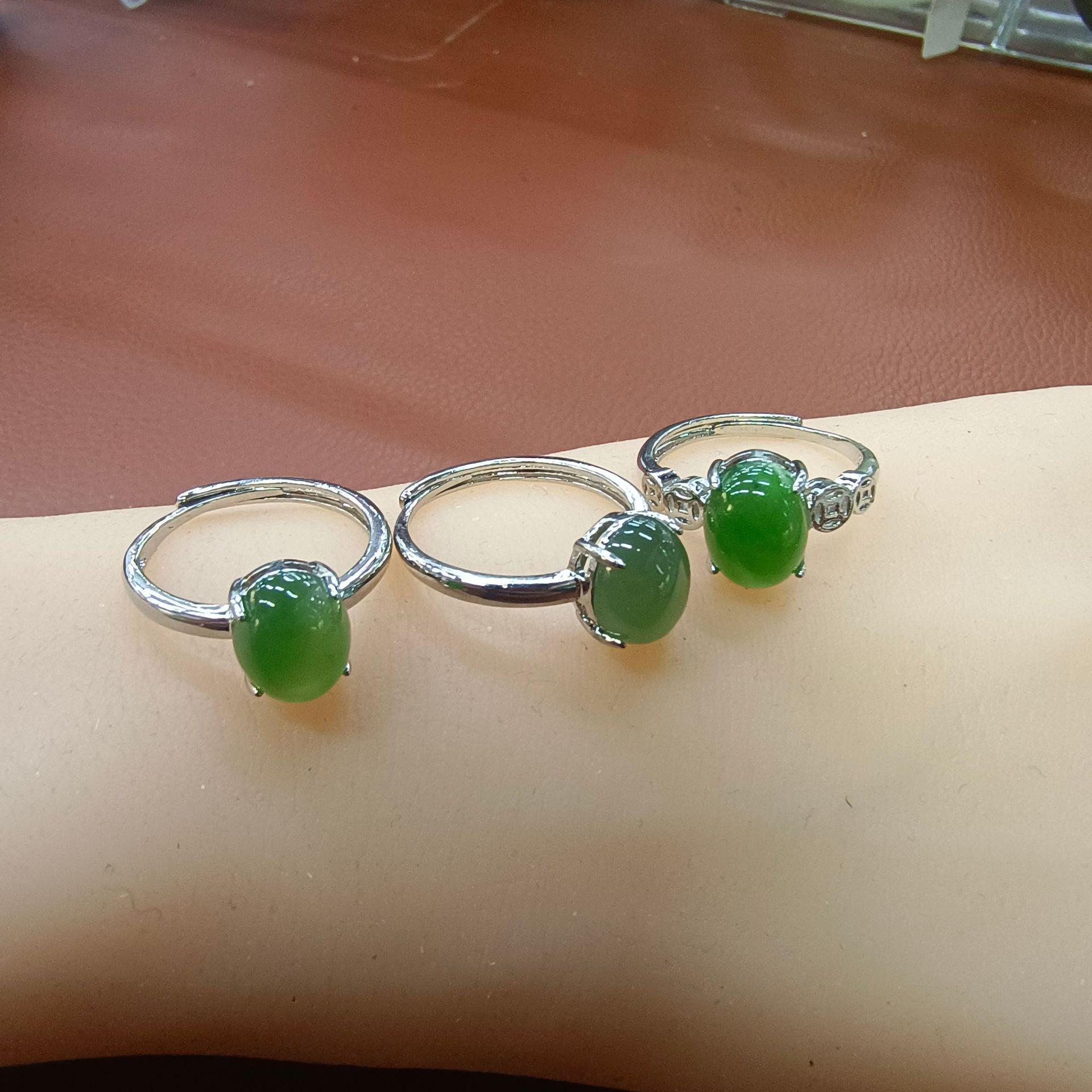 Hetian Jade Green Titanium Steel Open Ring