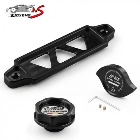 Black JDM Engine Oil Filler Cap+ Radiator Cap+ Battery Tie Down For Honda Acura