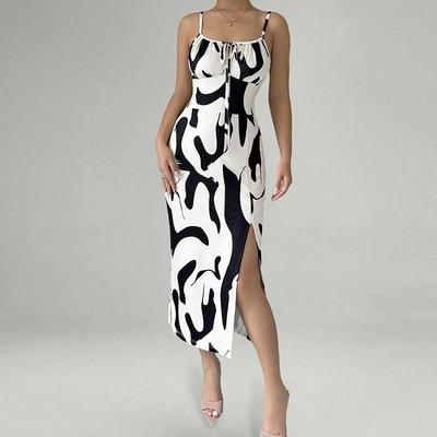 Women Evening Party Strap Lace-up Cow Print Package Hip High Split One Piece Dress