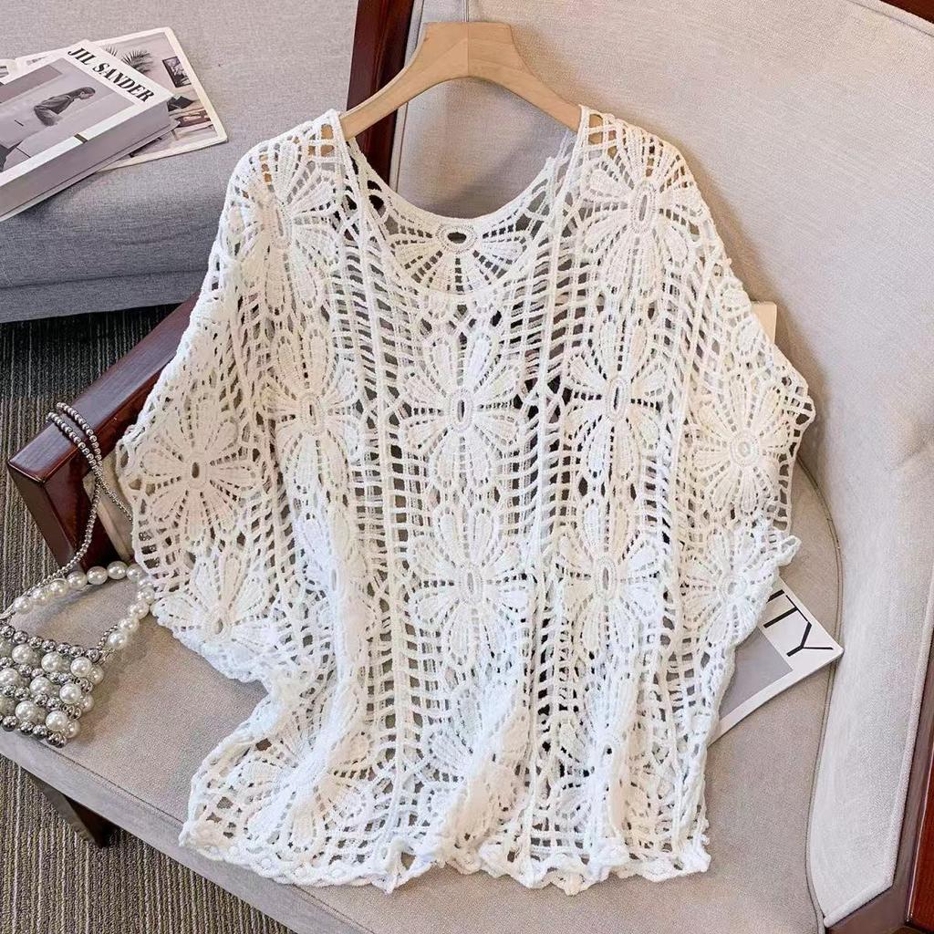 Cardigan tricoté à lacets ajourés motif fleur pour femme, nouveau haut court style bohème pour l'été, châle long à manches longues
