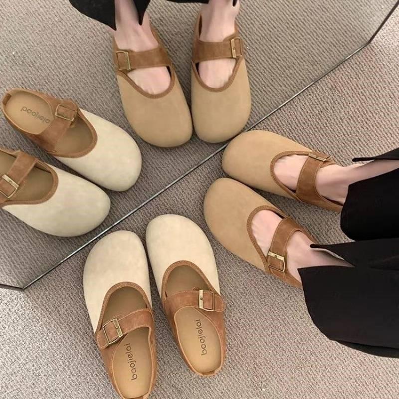 Fashion Crestar Women's Flat Slippers with Adjustable Buckle Fashion Suede Mules 2025 New Soft Bottom Sandals Lady Casual House Slides