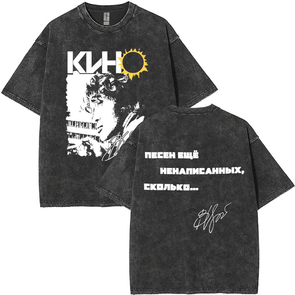 Washed Vintage Kino Viktor Tsoi Graphic T Shirts Men Women Casual Cotton Oversized Tshirts Mens Classic Rusian Rock Streetwear