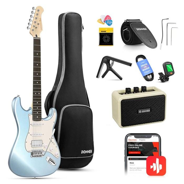 Donner Electric Guitar Starter Kit ST-Type Coil Tap 6-Point Tremolo with Mini Amp, Case, Strap & Shield - DST-152R Blue