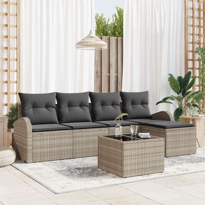 Ensemble de canapés de jardin 6 pièces avec coussins en poly rattan gris, Canapé de jardin 2 places avec rangement 3354681