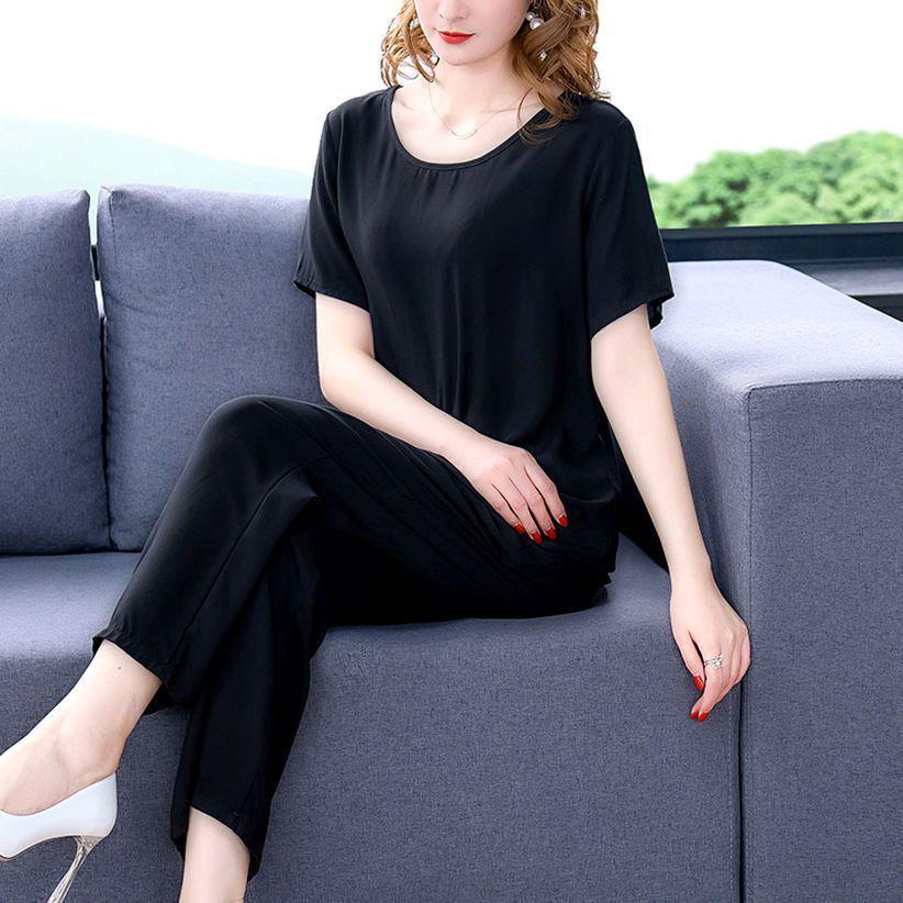 Summer Cotton Silk Women's Loose Two-Piece Set: Solid Color Short Sleeve Top and Long Pants, Plus Size Casual Wear.