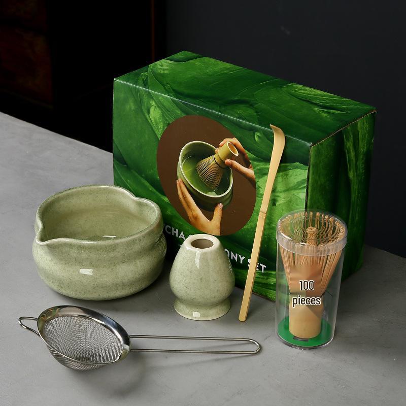Japanese Heart-shaped Matcha Bowl Set with Whisk and Brush for Tea Ceremony