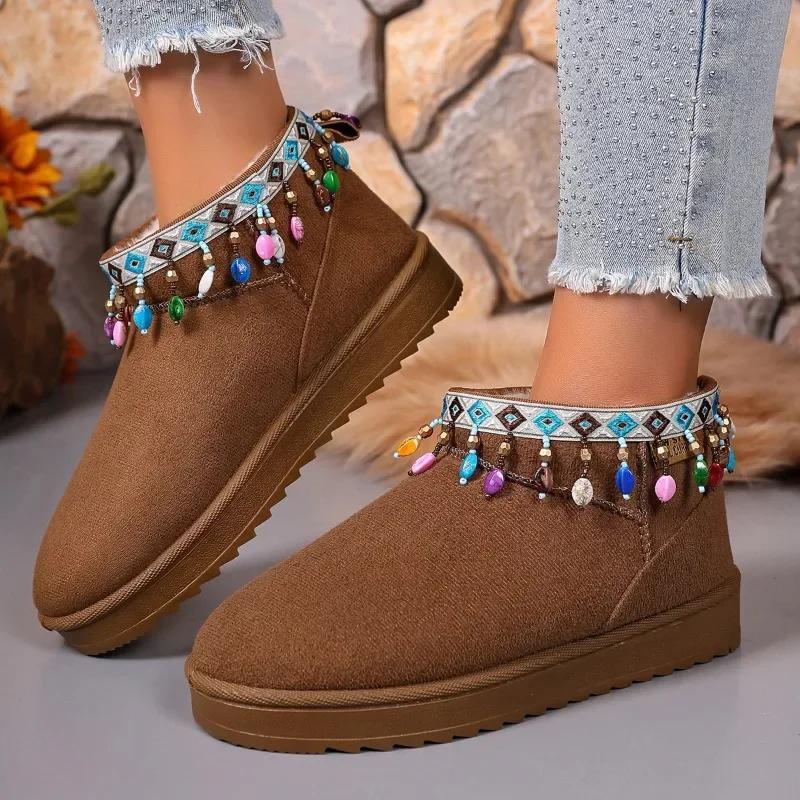 Fashion Size 44 Winter Cotton Shoes for Women 2024 New Bohemian Style Colorful Beaded Design Fashionable Women's Boots Botas De Mujer