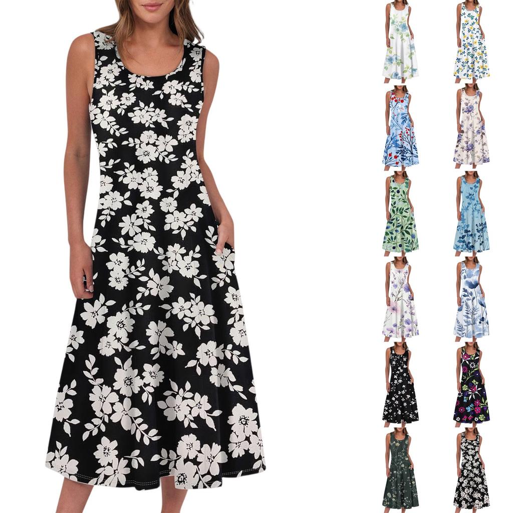 Women's Casual Fashion Floral Print Round Neck Sleeveless Midi Dress