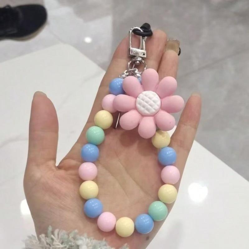 Pink Pearl Bow Keychain Mobile Phone Chain Earphone Case Anti-Lost Strap Car Keychain Beaded Decoration Backpack Pendant Accessory Bag
