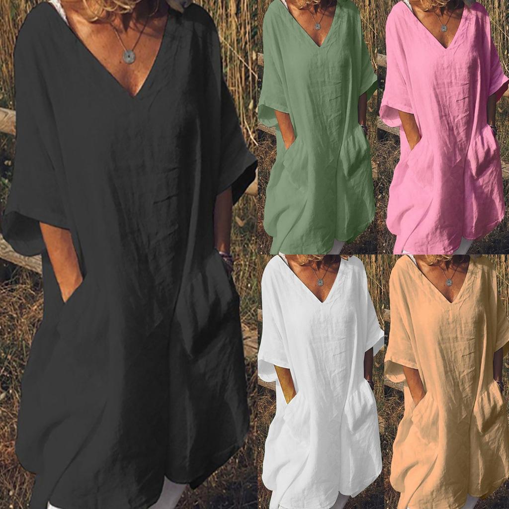 Women's Casual Color Mid-sleeve V-neck Pocket Cotton And Linen Dress