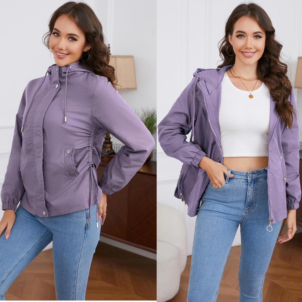 Damen Windjacke mit Kapuze und Reißverschluss, winddicht, einfarbig, lockerer Trenchcoat für Herbst und Winter, lässige Outdoor-Wanderbekleidung