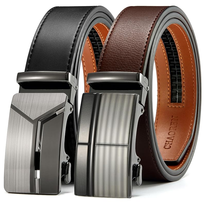 

[CHAOREN] belt men s Set of 2 business - big size auto lock type No hole leather Stepless adjustment suit gentleman 35mm width With gift box