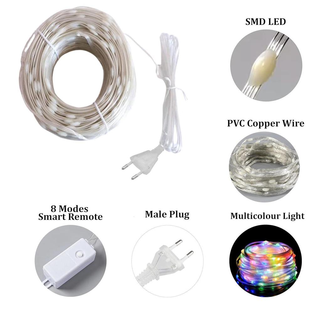 Girlanda świetlna LED – 150 diod LED, 8 trybów błyskania, wielokolorowa, na miedzianym drucie, do okna, ściany, ogrodu, na Diwali, Boże Narodzenie, wesele i dekoracji domu