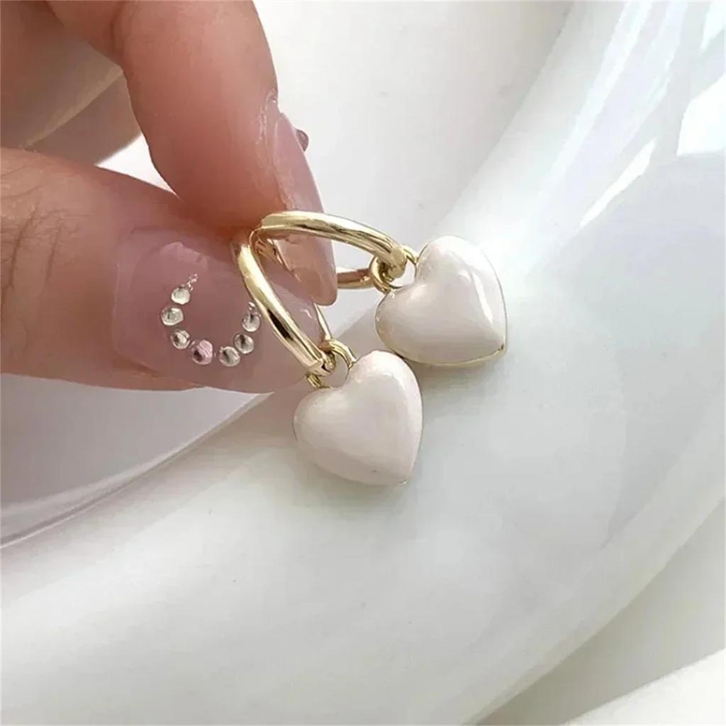 Red Epoxy Heart Shape Charm Drop Earrings Pink White Color Heart Gold Plating Cute Girl Drop Earrings Fashoin Women Earrings