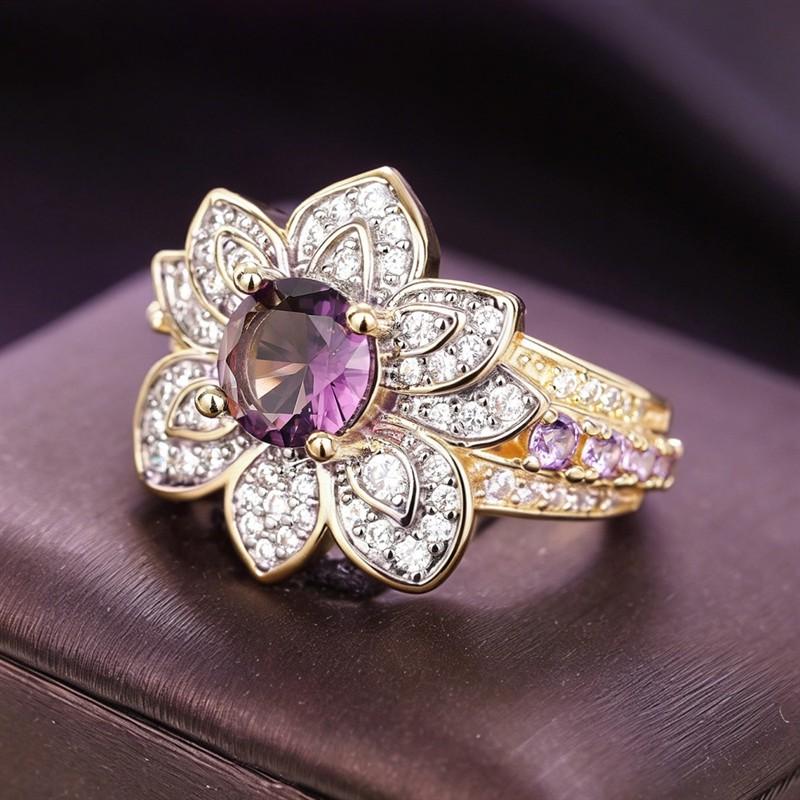 Huitan Gentle Flower Shaped Women Ring Luxury Wedding Engagement Inlaid Shiny Purple CZ Party Fashion Accessories Jewelry Gift