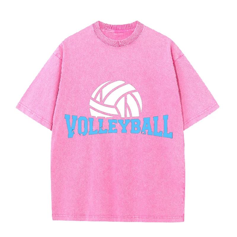 Volleyball Print Vintage Washed Black T Shirt Men Sports Casual Short Sleeve Tee