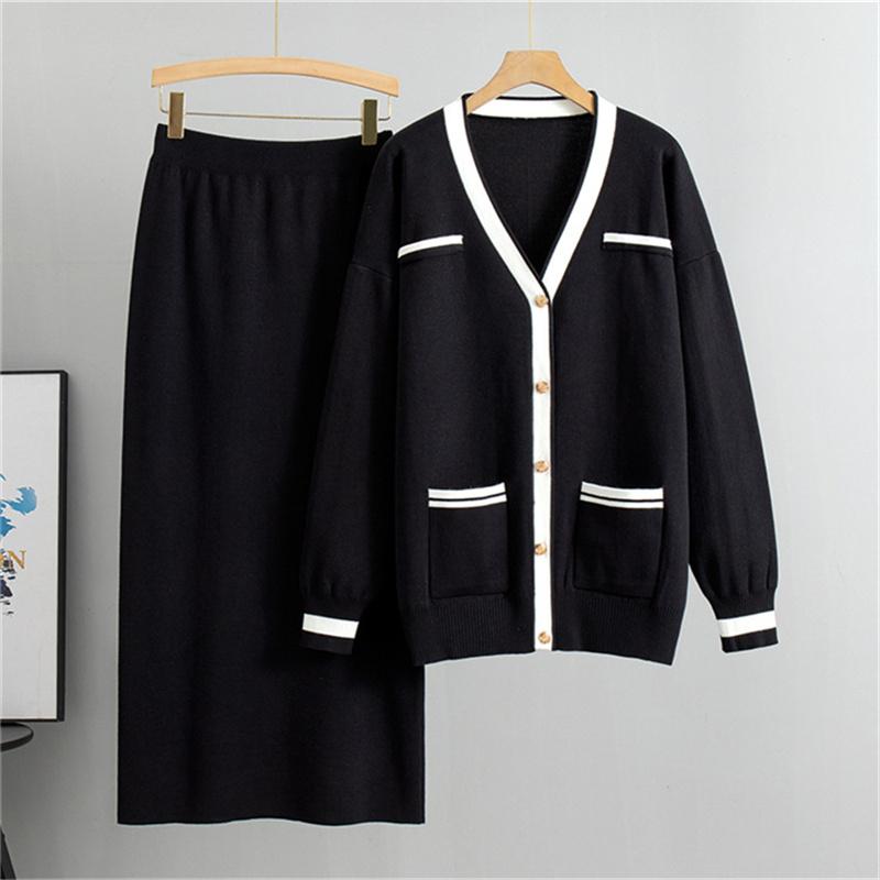 

Осенне-зимний женский модный костюм Новый свободный свитер Юбка-полусолнце Комплект Повседневный вязаный костюм из двух частей One Size чёрный