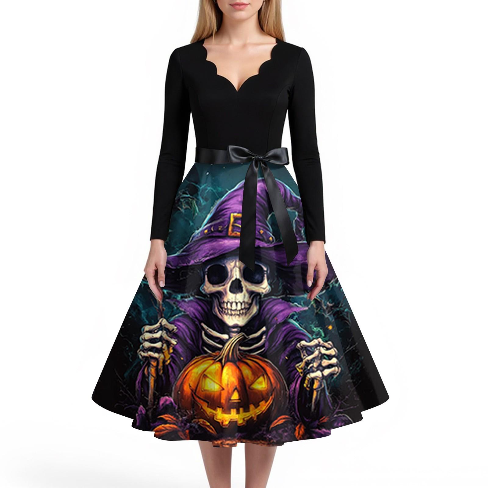 

Женское повседневное и модное платье с V-образным вырезом и длинными рукавами с принтом на Хэллоуин XXXXXL циан