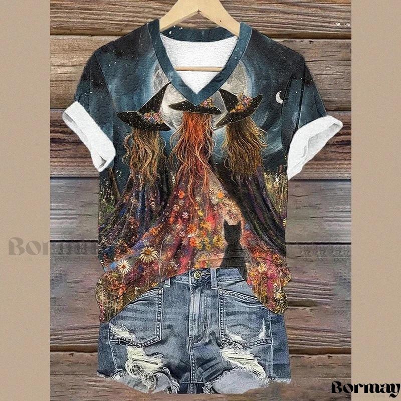 

Летняя женская футболка с 3D цифровой печатью, Хэллоуин, с надписью, повседневная, с V-образным вырезом, большого размера L