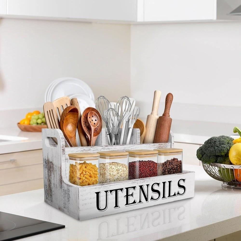 Wooden Spoon Fork Storage Box Space Saving Tableware Storage Rack Silverware Holder Living Room