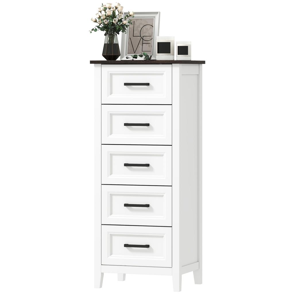 Narrow and Tall Bedroom Chest of Drawers with Wood-Effect Top Dresser for Small Spaces 45x35x106 Cm White
