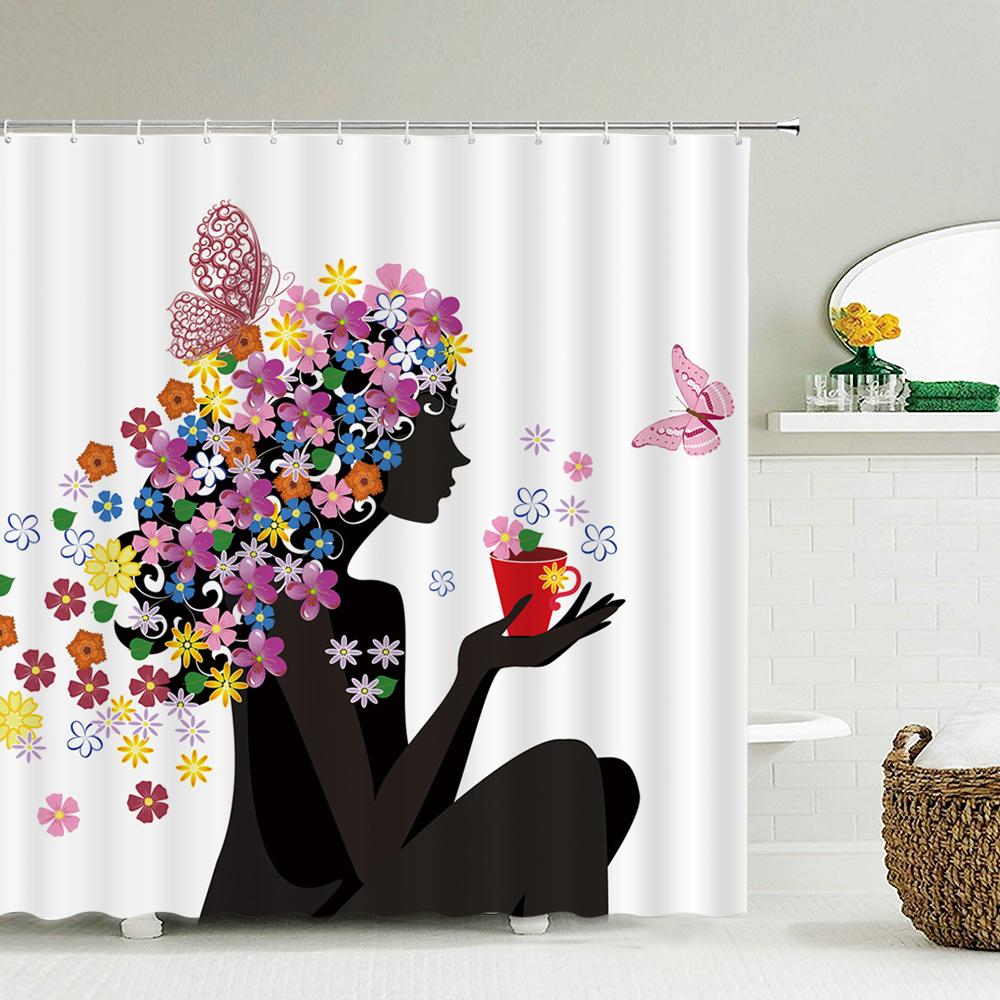 Butterfly Flower Girl Bathroom Curtain Polyester Waterproof Fabric Shower Curtain Valentine's Day Heart Pattern Bathtub Screen
