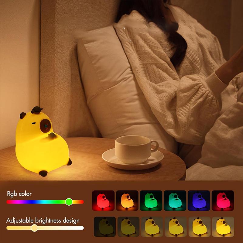 Capybara Night Light, Nursery Lamp, 7-Color RGB & 3-Level Warm Dimmable, Tap Control, 30Min Timer, 100% Safe &Soft Silicone