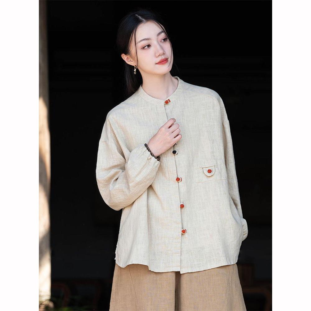 Spring Cotton  Linen Women's Clothing Art Retro Cotton  Linen  Shirt Women's Color Blocked Button Up Cardigan Jacket