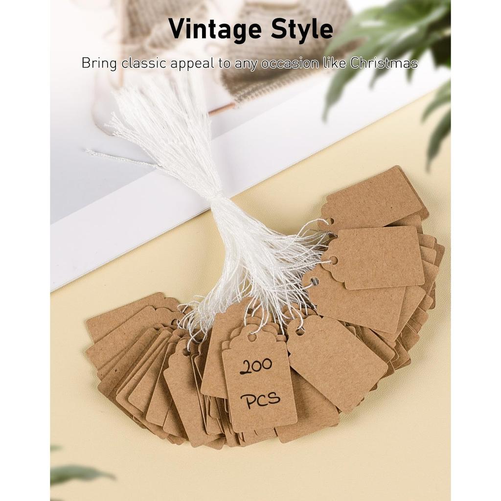 Uniclife 200 Pcs Price Tags with String Attached 1 Inch Writable Brown Kraft Paper Tags Hang Tag Price Display Labels for Pricing Clothing Jewelry