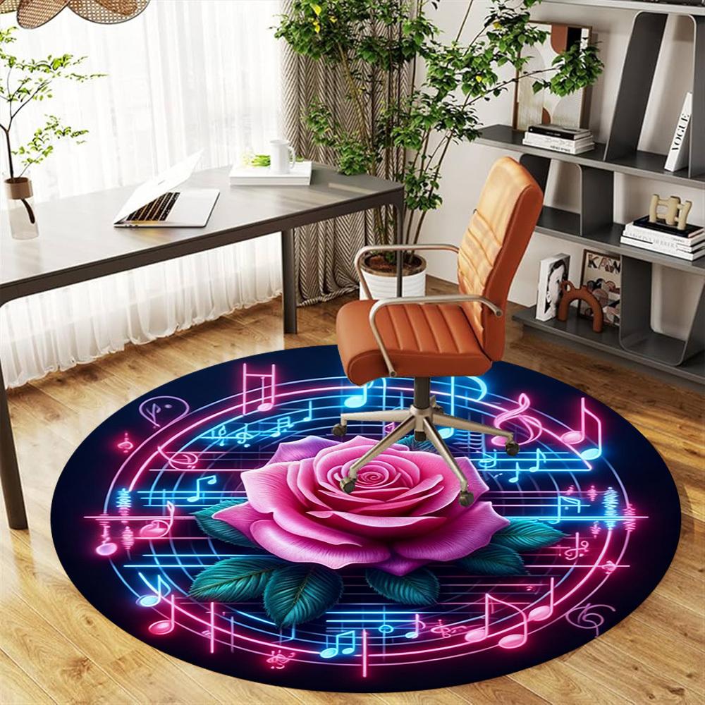1pc Rose Music Round Chair mat office Area Rug - Non-Slip, Floor Mat for Office, Bedroom, Ideal home decor gift p0105068