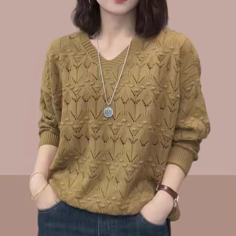 

Весенне-летний пуловер с V-образным вырезом, вязаный свитер для женщин, ажурный, с длинными рукавами, свободный свитер для женщин L хаки