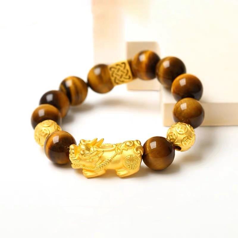 Gold-Plated Tiger Eye Pixiu Wealth Bracelet with Lucky Beads